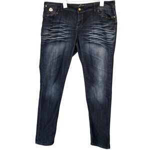 Dereon Dark 2ykWash Embellished Jeans Womens 20W Rhinestone Fleur De Lis Accents